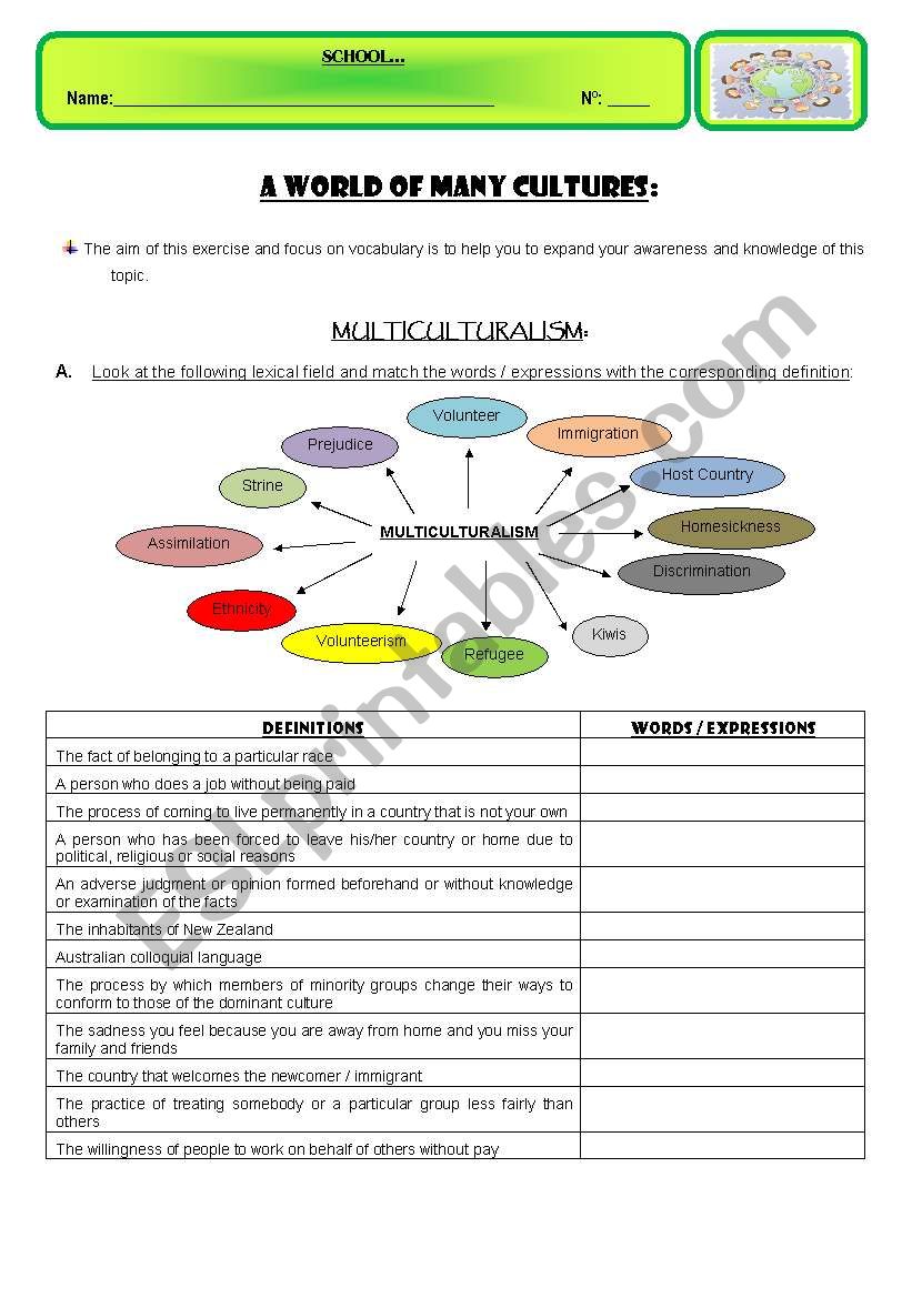 A WORLD OF MANY CULTURES worksheet