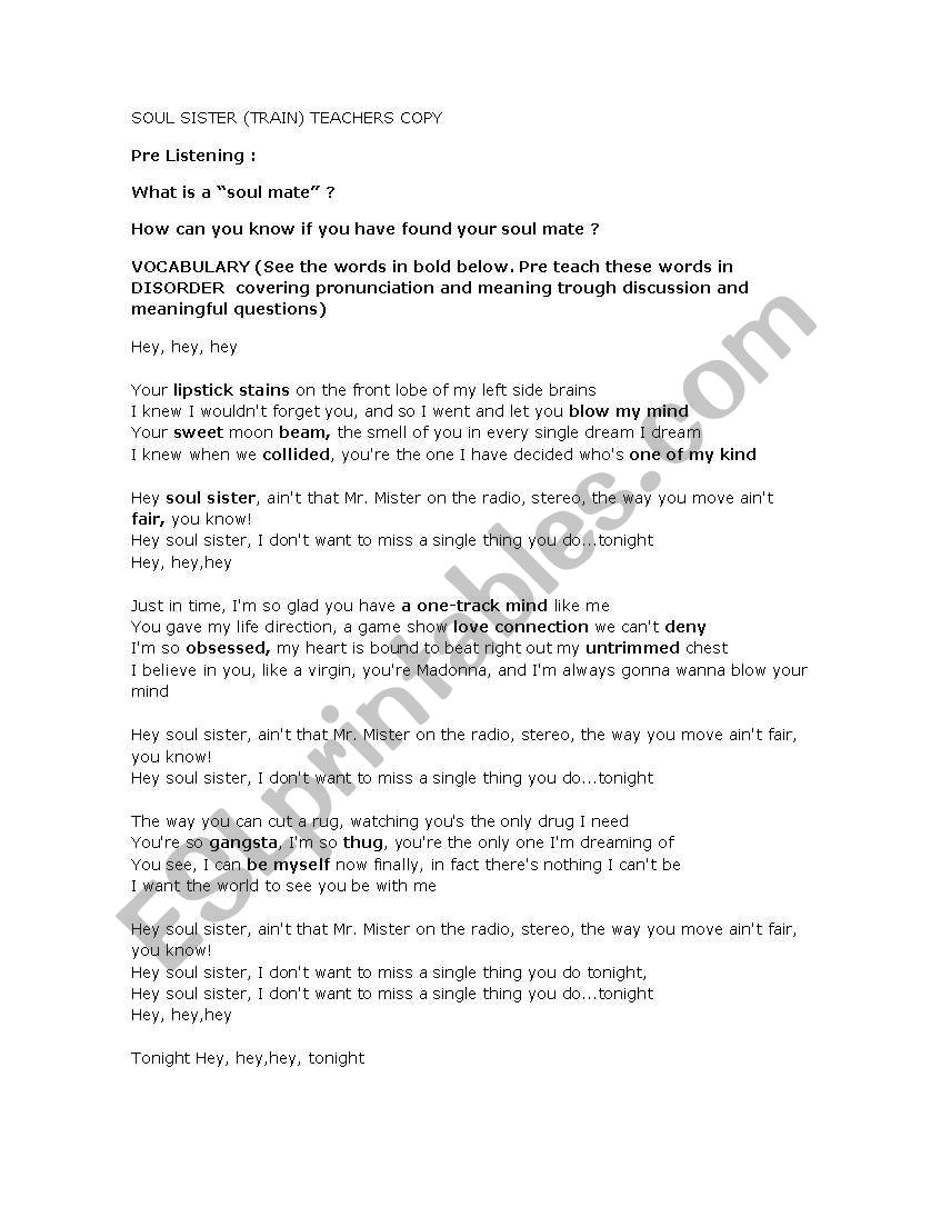 song soul sister  worksheet