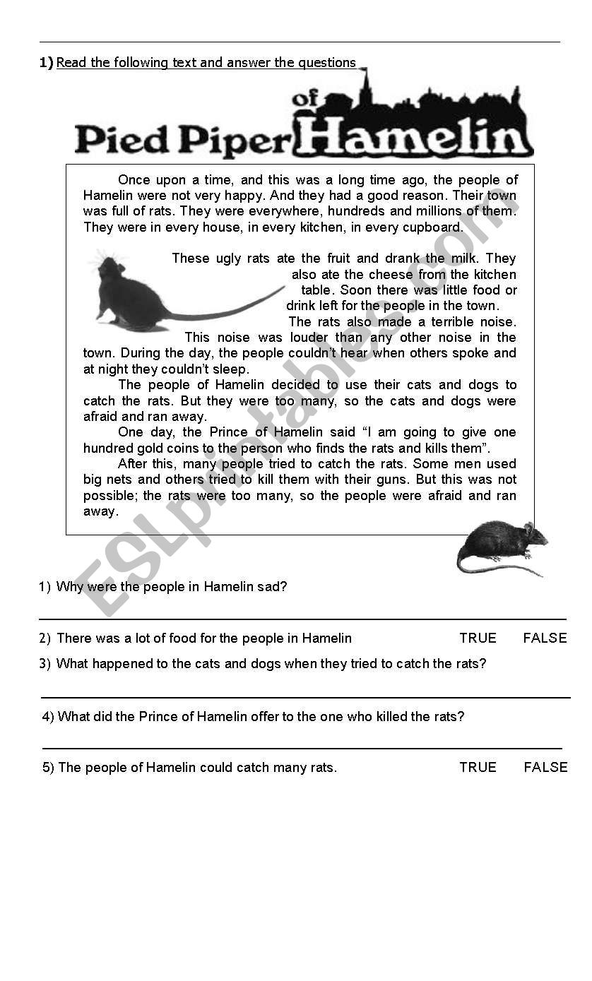 Pied Piper of Hamelin worksheet