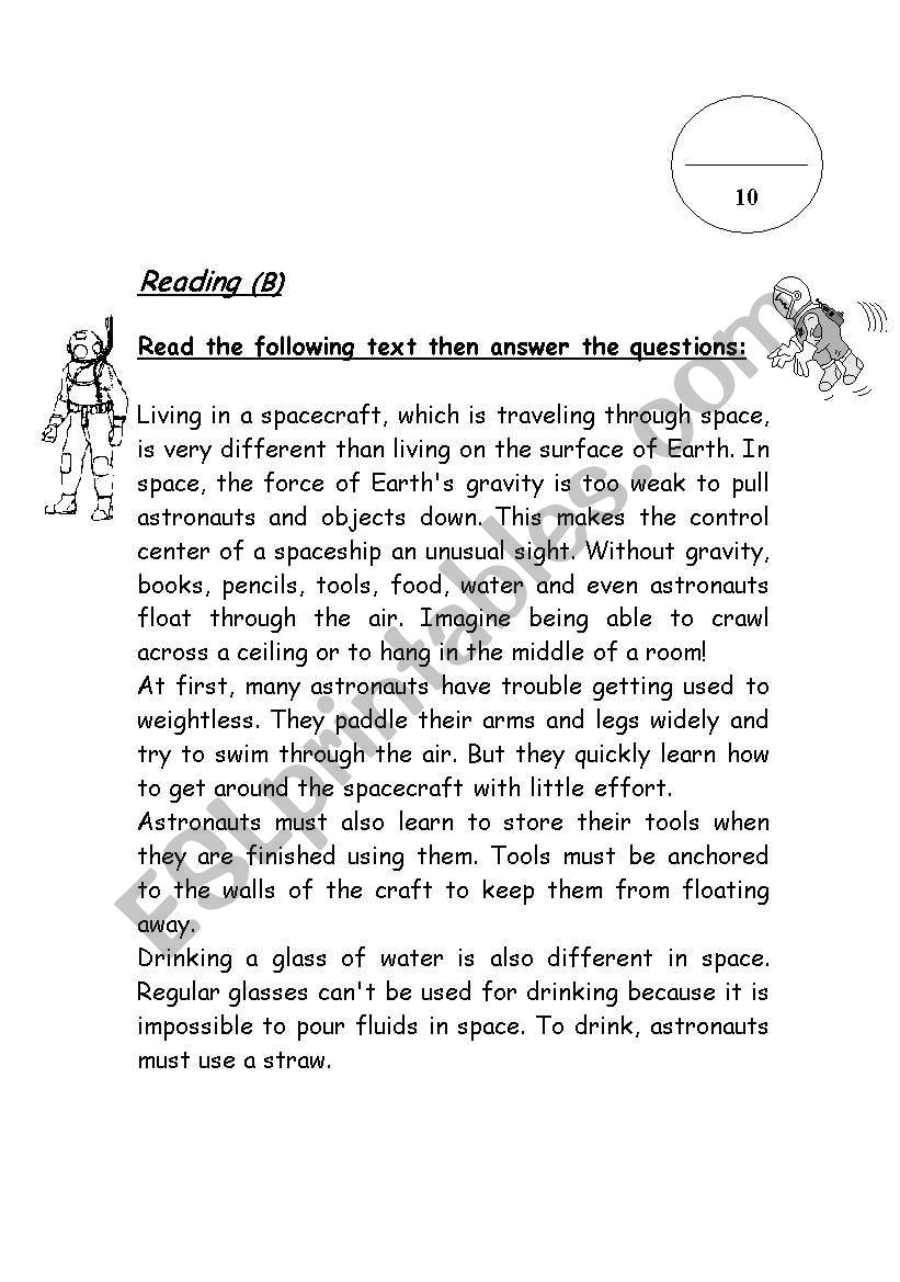 Reading about life in space worksheet