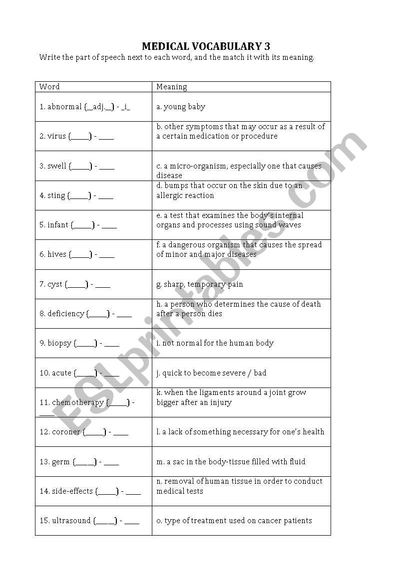 Medical Vocabulary 3 worksheet