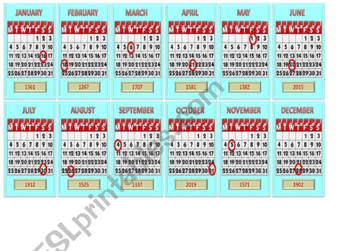 Calendar - Days of the Week, Months, Years, Dates - Calendar Activity