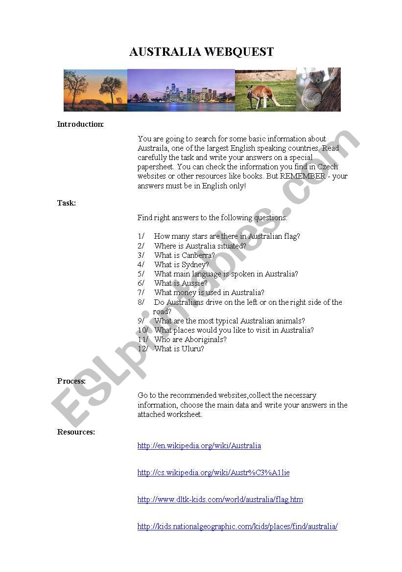 AUSTRALIA WEBQUEST worksheet