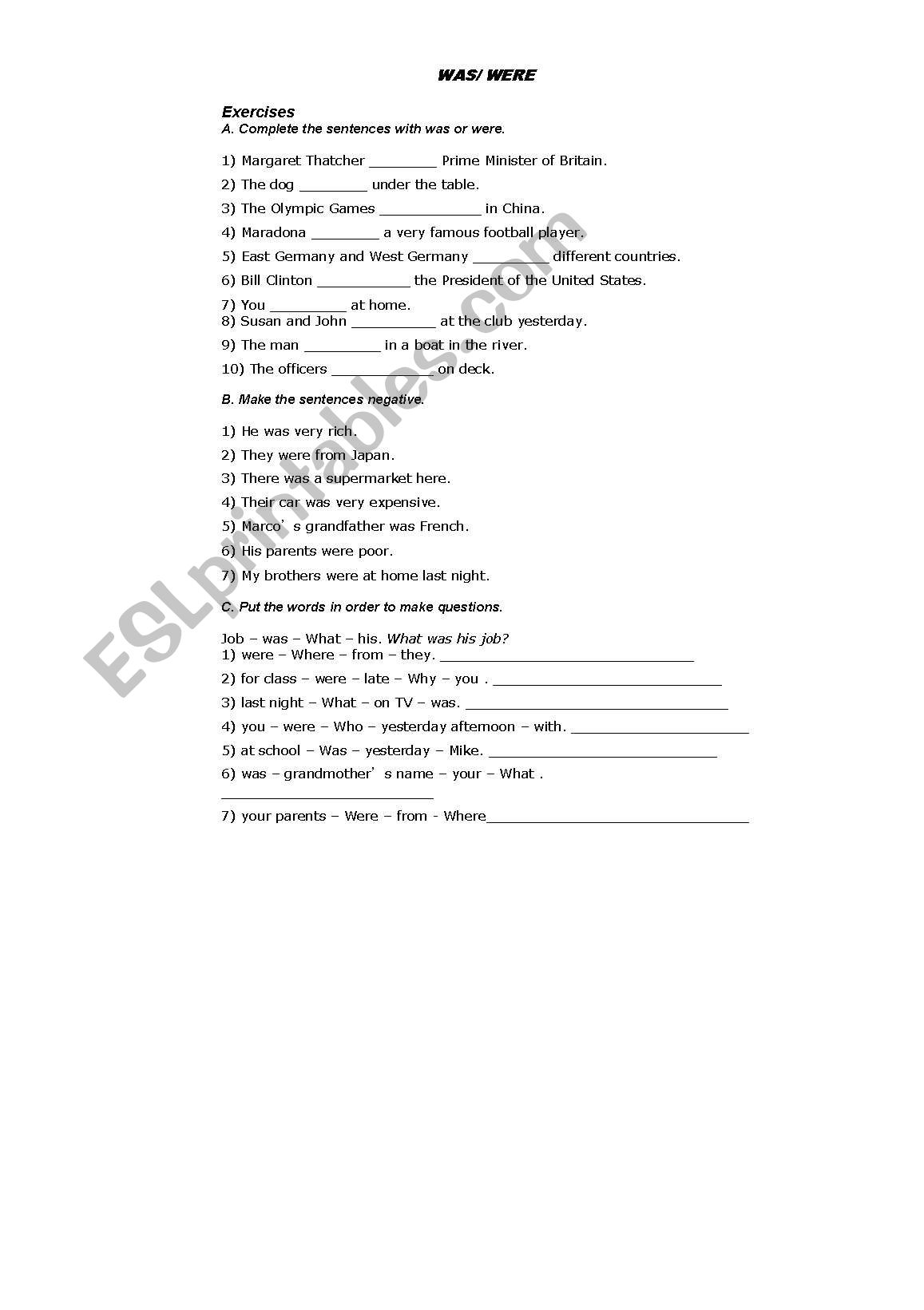 Past Simple was/ were worksheet