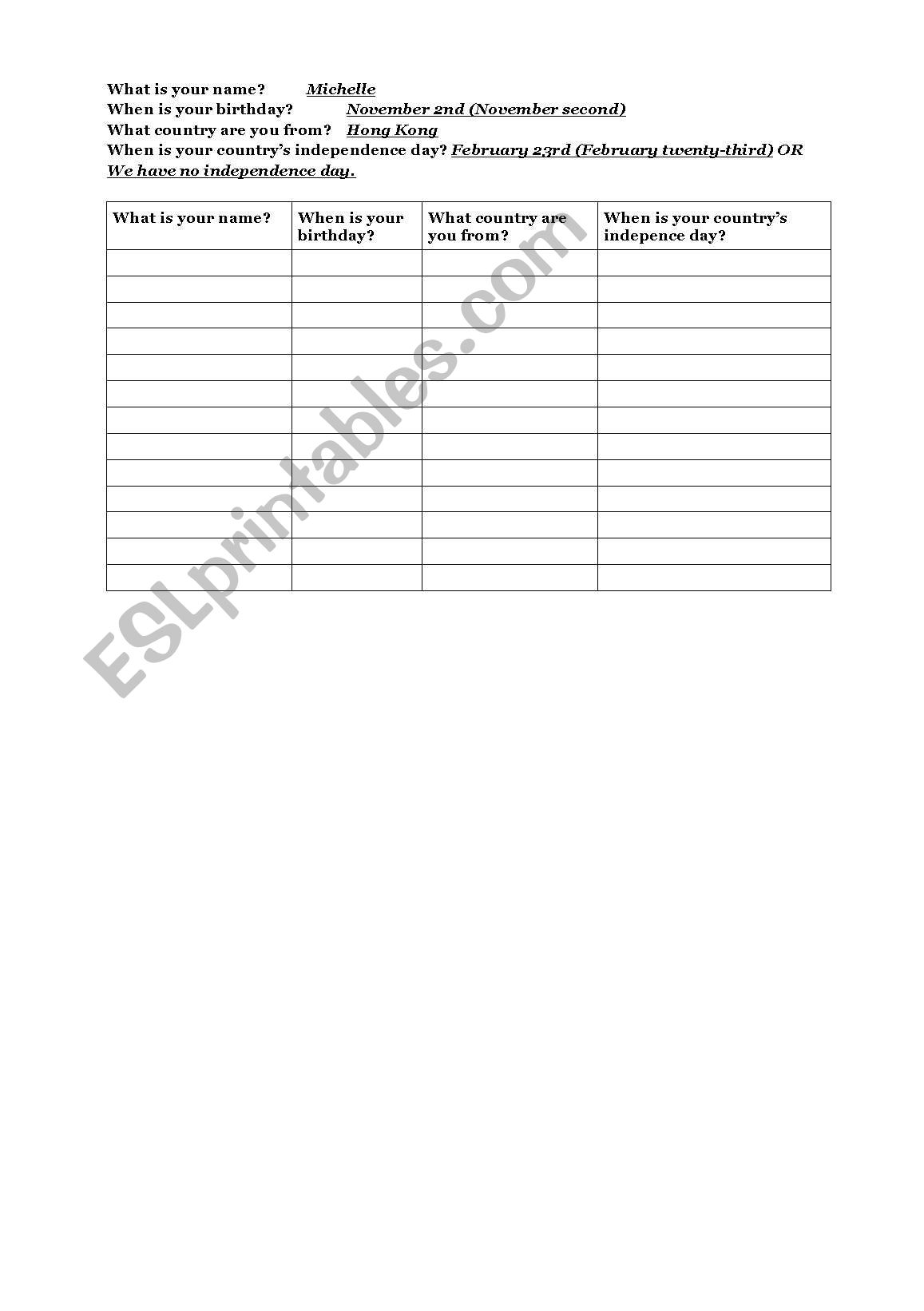 Dates conversation grid worksheet