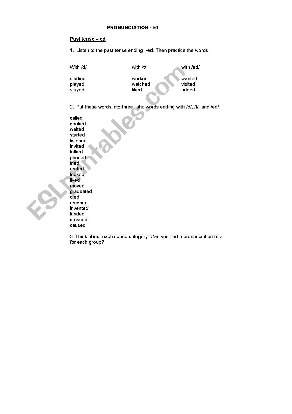 Pronunciation -ed worksheet