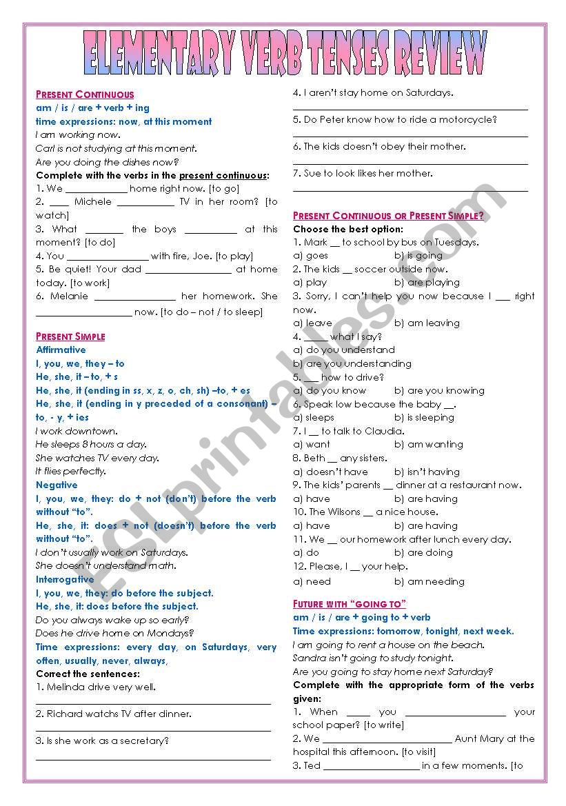 Elementary Verb Tenses Review  Present Simple and Continuous  Past Simple (reg., irreg., special spelling)  will and going to future  To be (present, past, future)  there be (present and past)  Teachers handout + keys  6 pages  editable