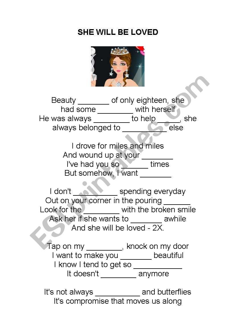 SHE WILL BE LOVED - MAROON 5 worksheet
