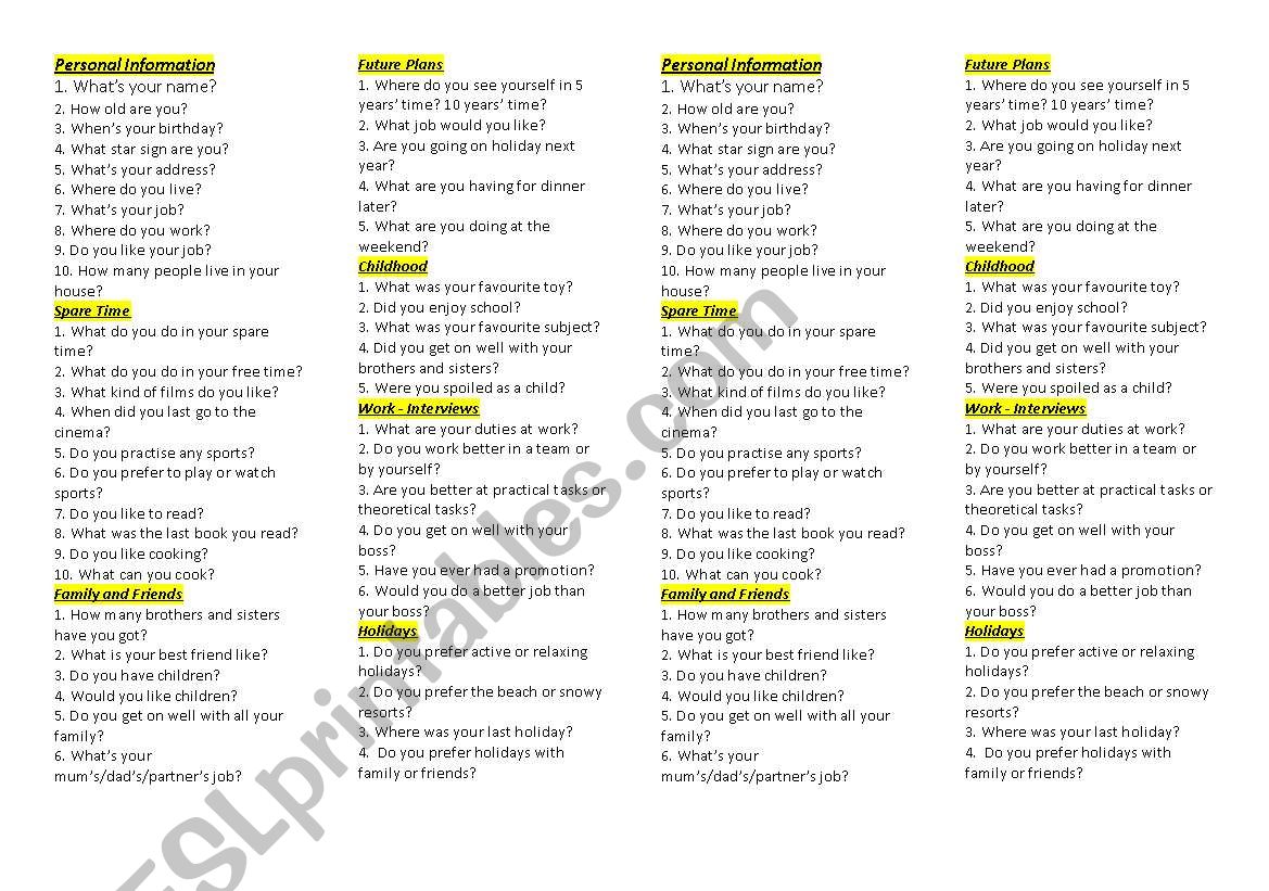 Speaking Practise - Questions worksheet