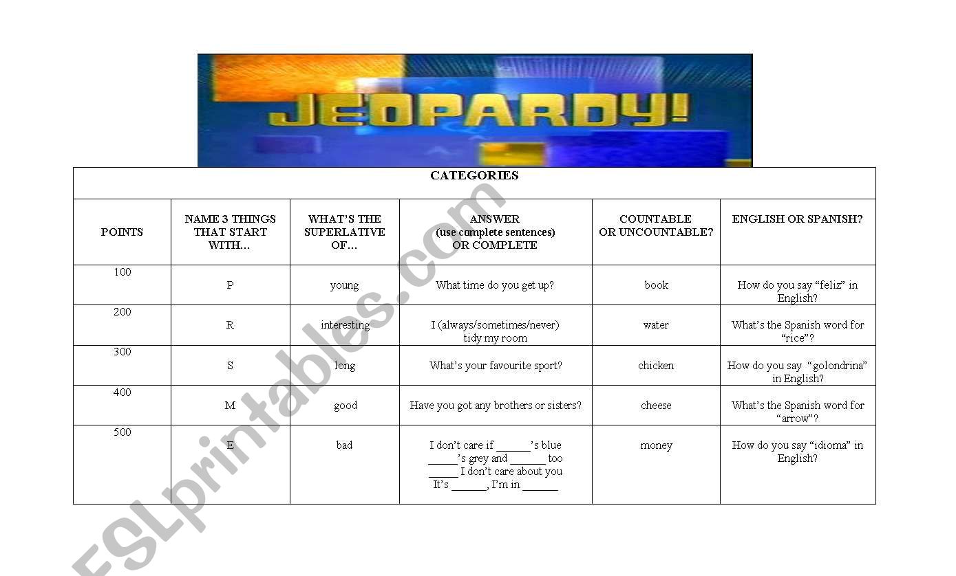 Revision Jeopardy worksheet