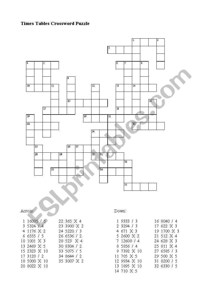 times table crossword puzzle worksheet