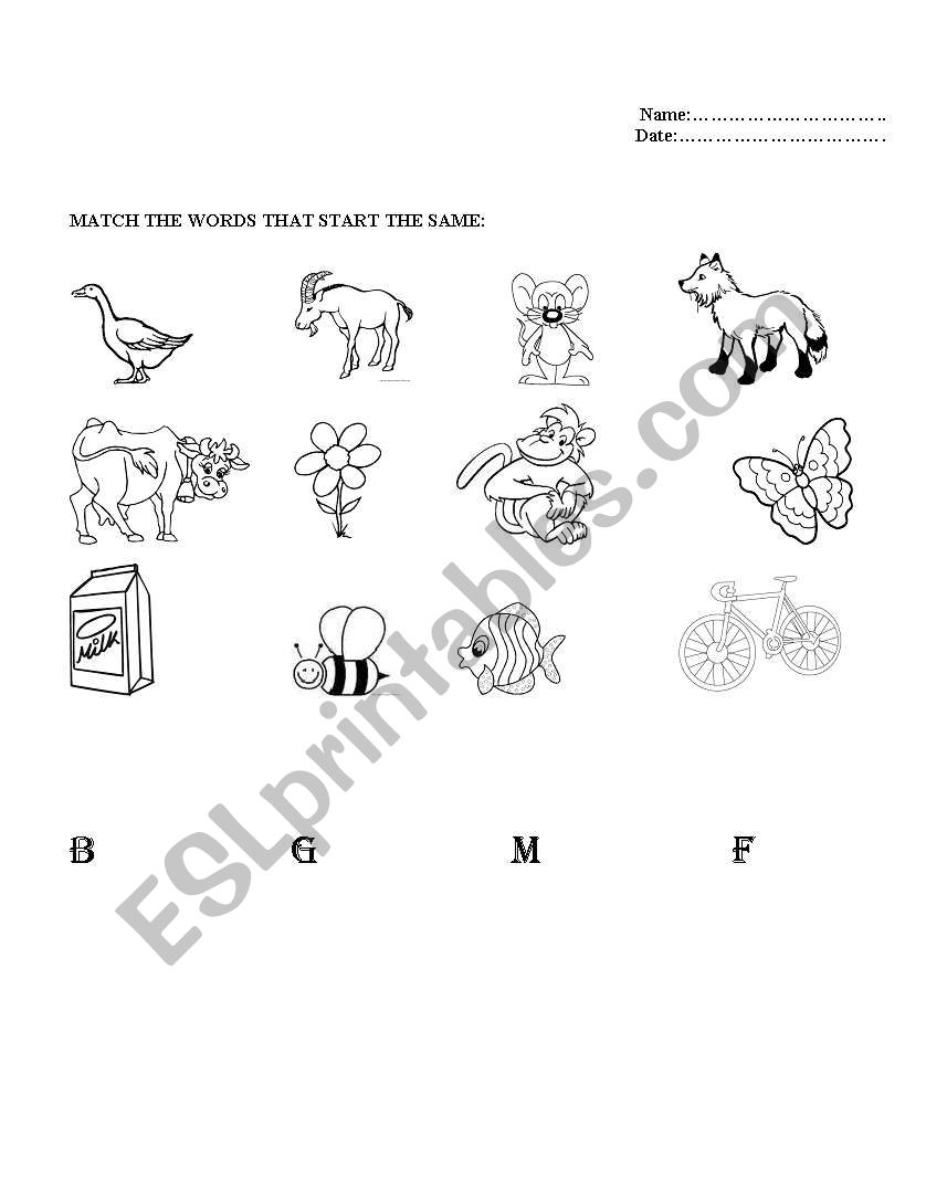 Matching letters and pictures worksheet