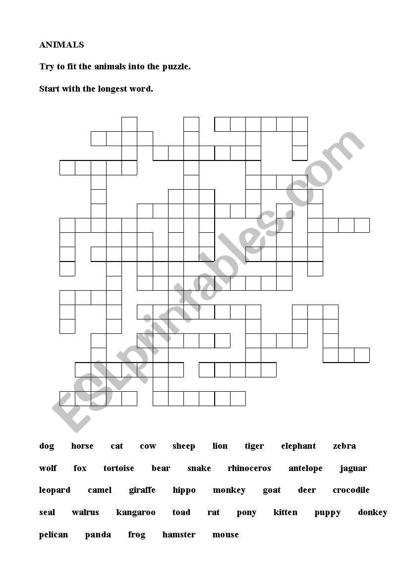 Animals crossword worksheet