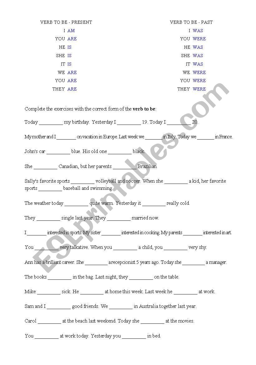 Present and Past Form of Verb To Be