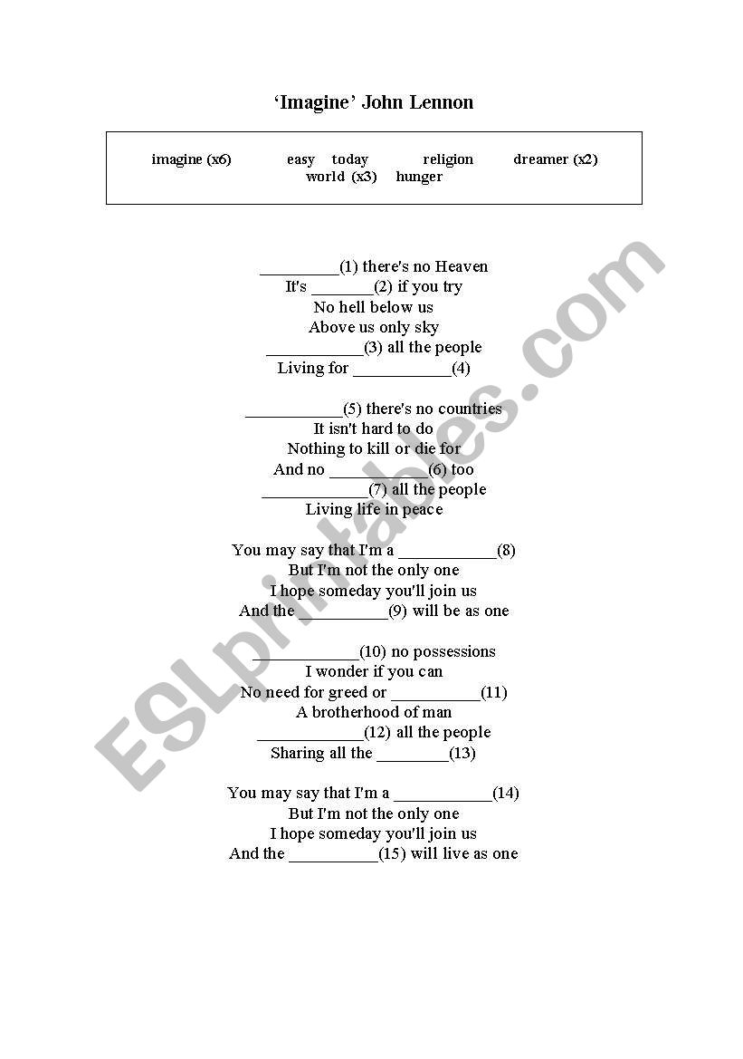 Imagine song lyrics, gap filling exercise