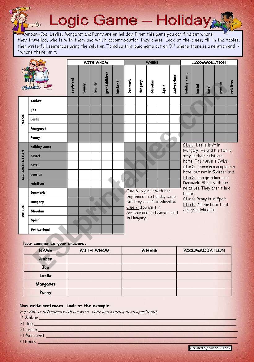 Logic game (11th) - Holiday *** with key *** for elementary level *** created with WORD 2003