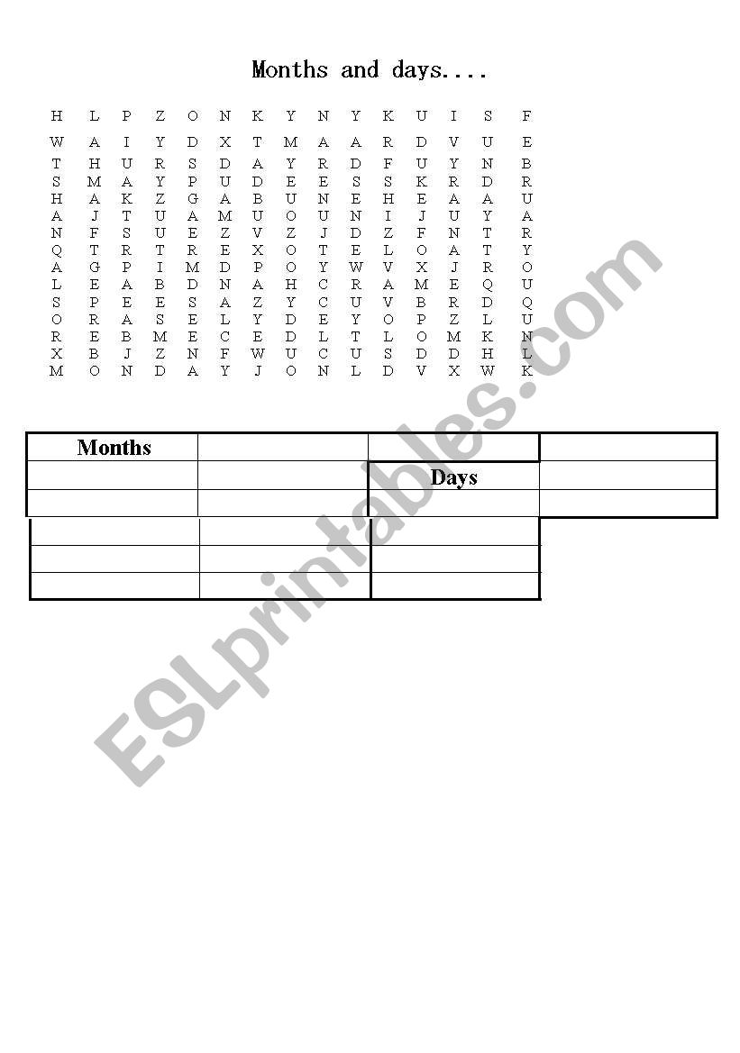 Months and day word search worksheet