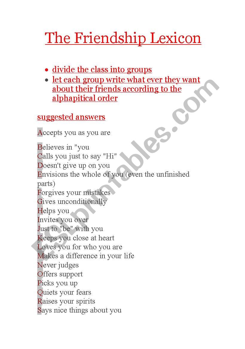 friendship lexicon  worksheet