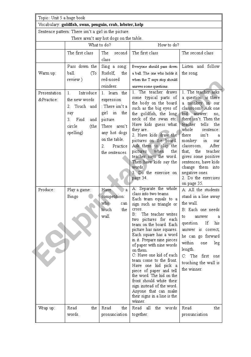 lesson plan of some animals and fish etc.