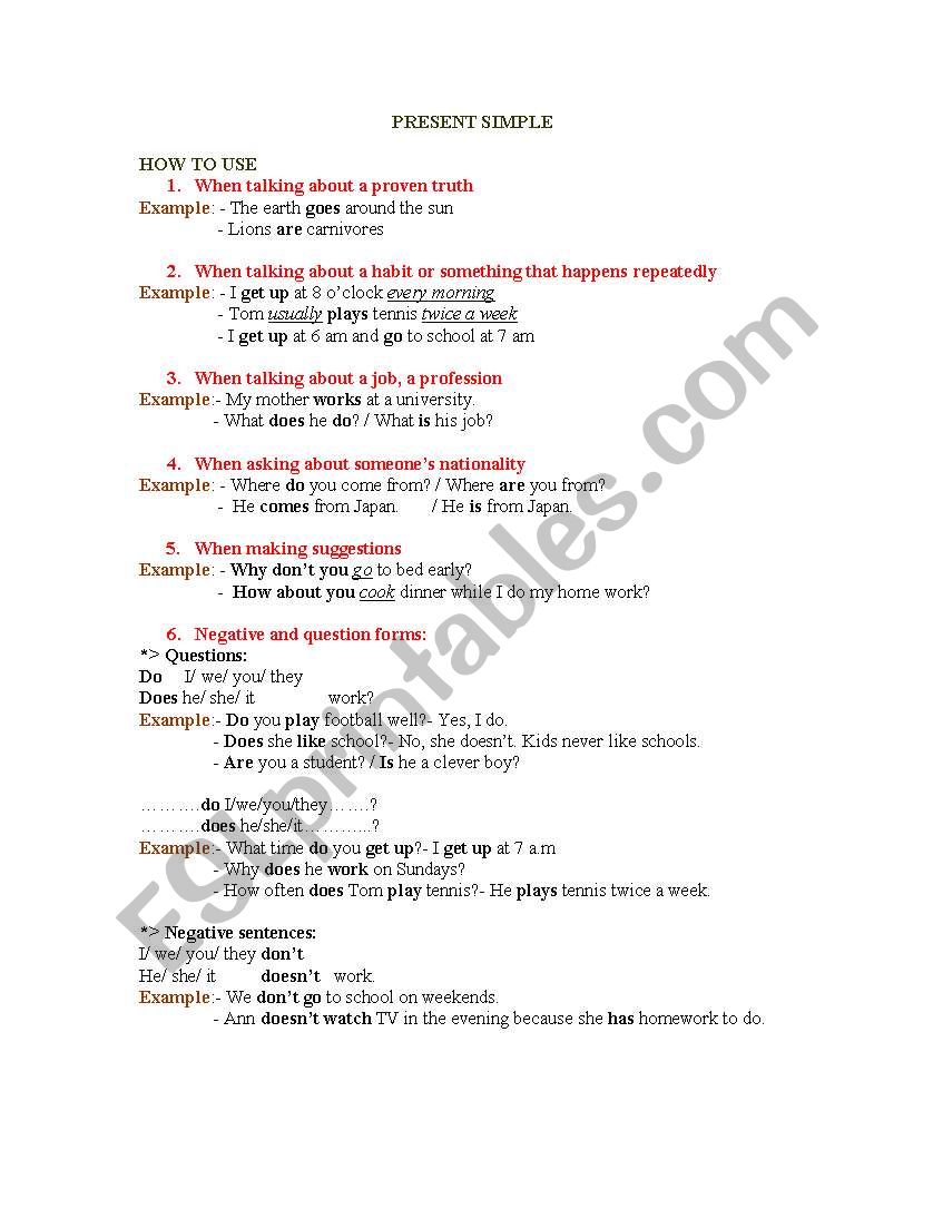 How to use Present Simple worksheet
