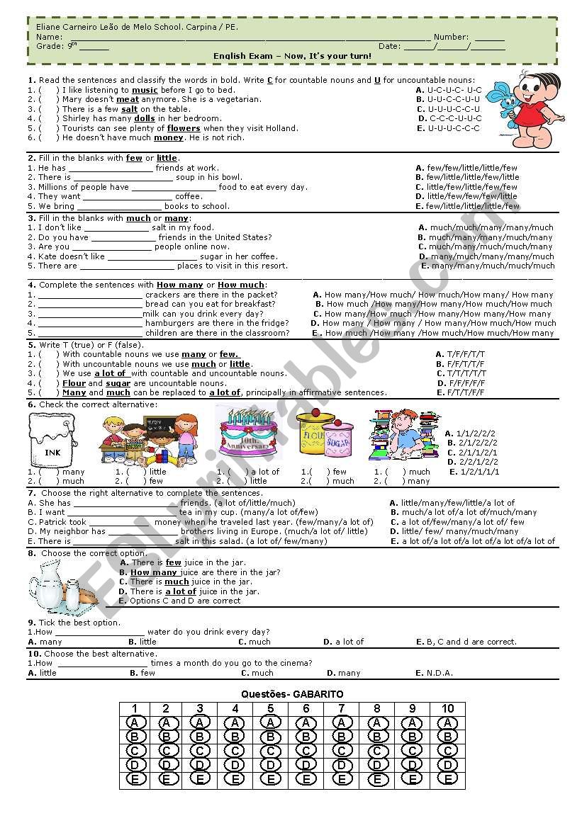 Quantifiers - Multiple choice worksheet