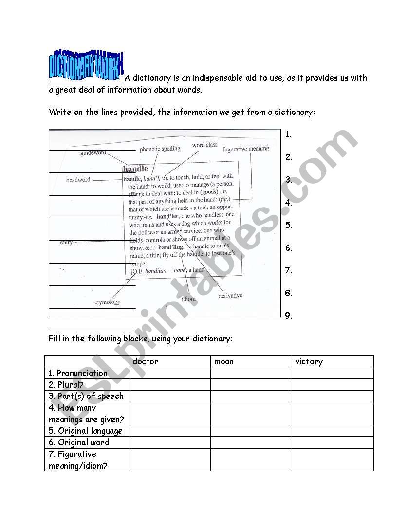 Dictionary work worksheet