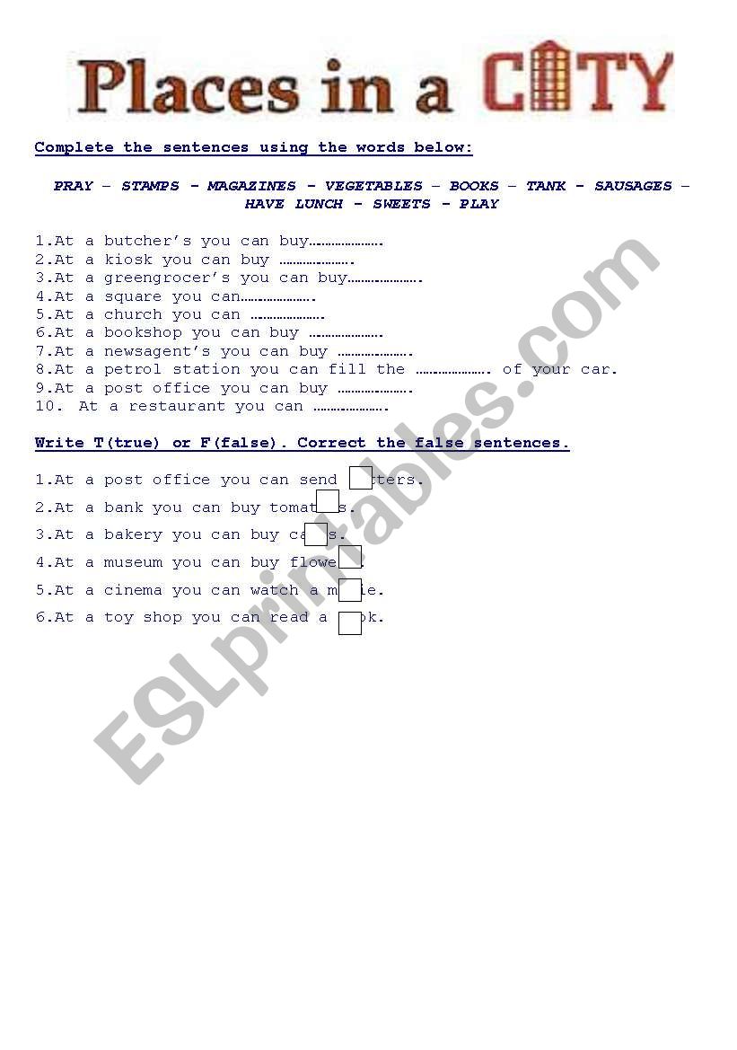 PLACES IN A CITY worksheet