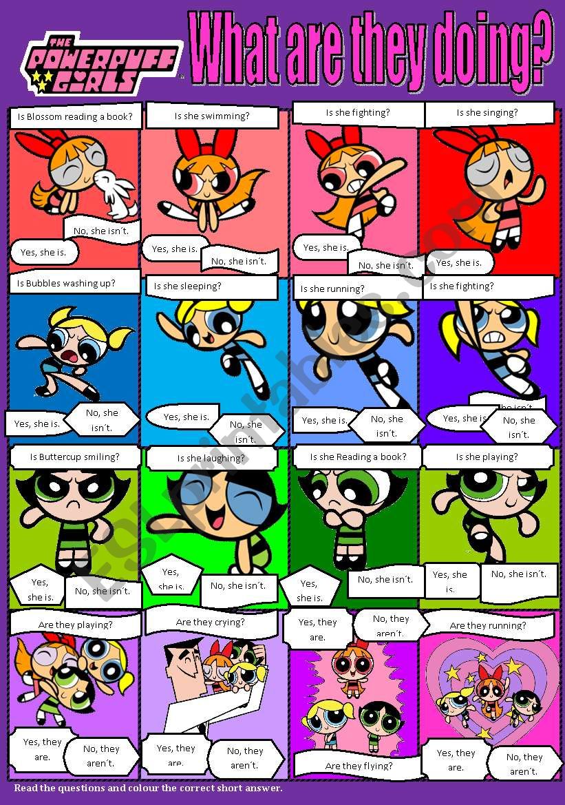 PowerPuff Girls: What are they doing? COLOUR AND B&W Worksheets