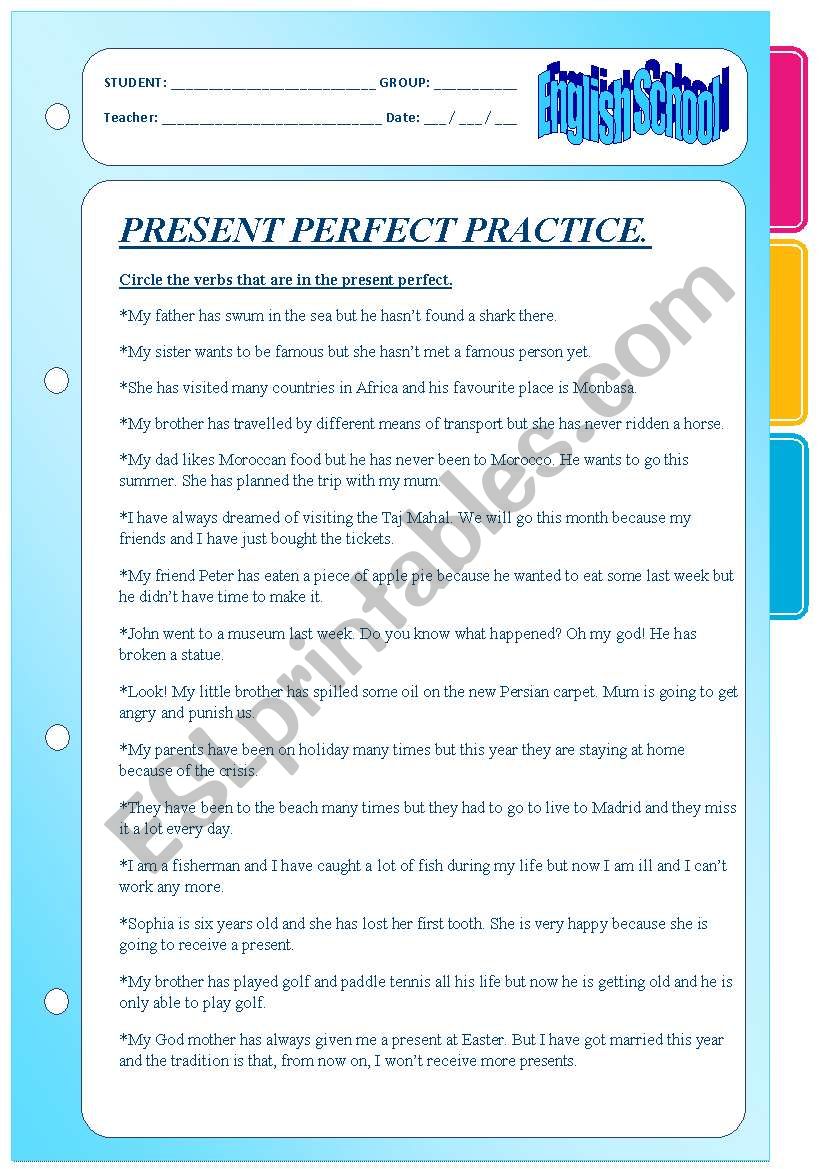 Present perfect practise. Four pages.