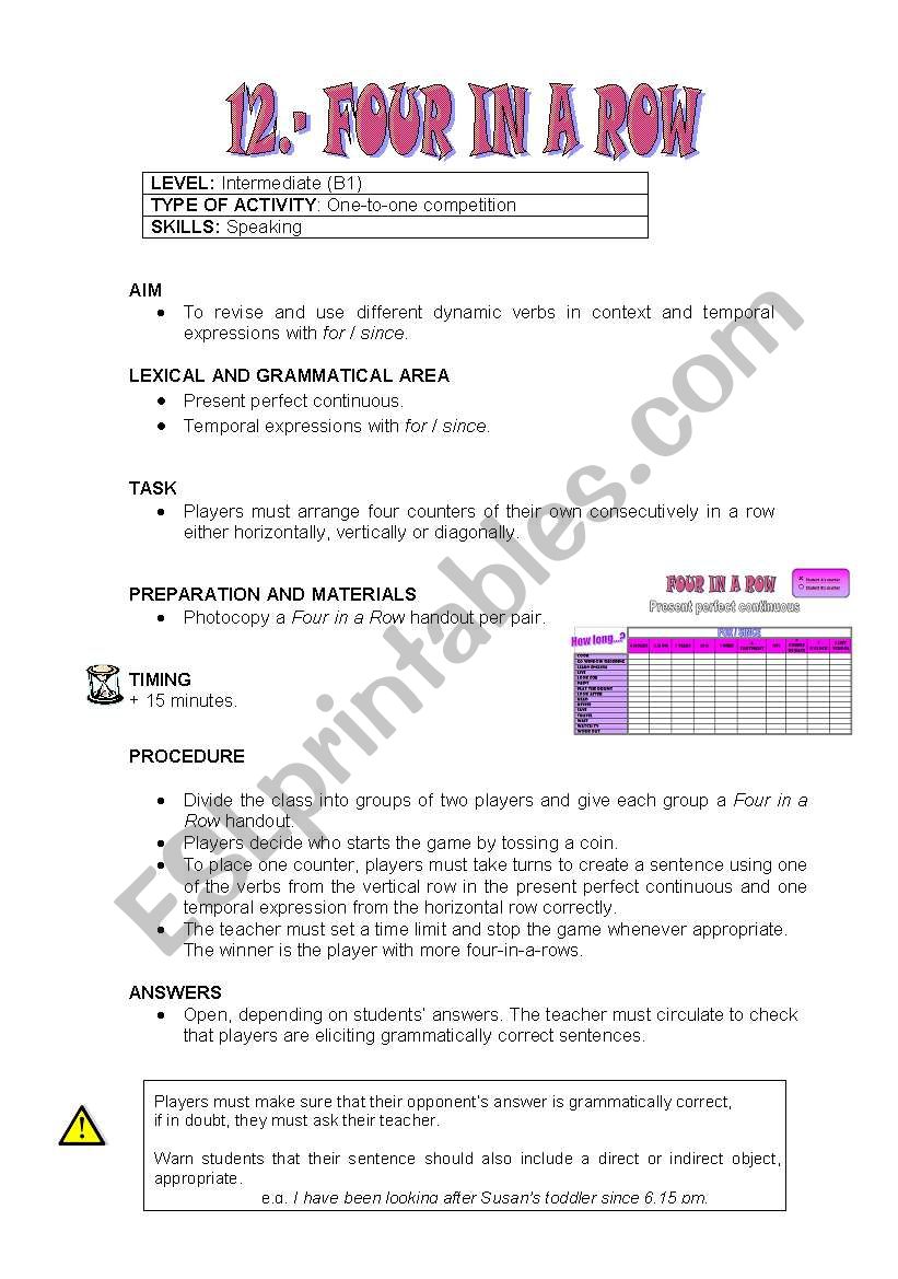 SPEAKING: FOUR IN A ROW worksheet