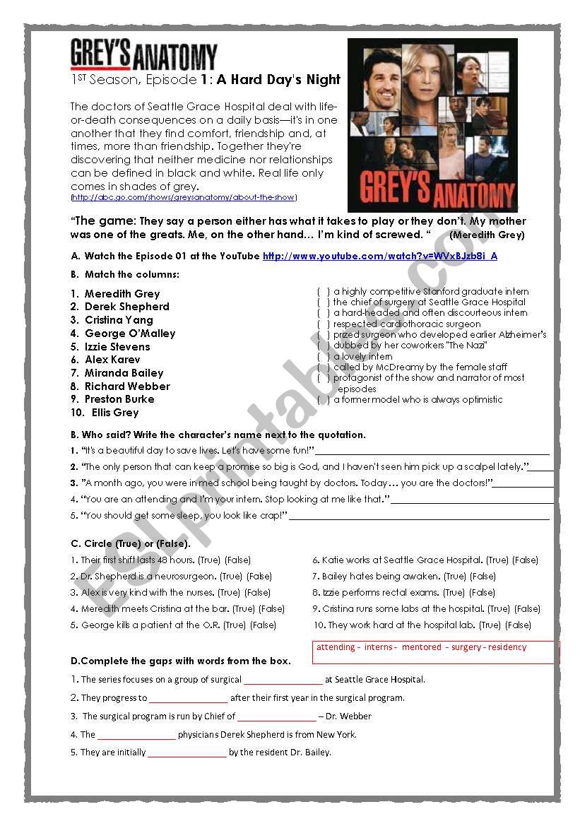 Grey´s Anatomy Activity - ESL worksheet by Dannuzia