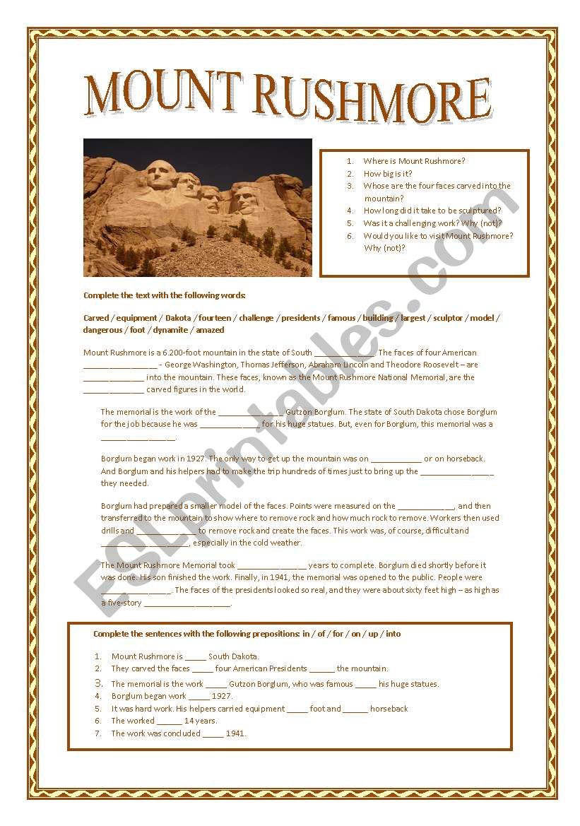 Mount Rushmore worksheet