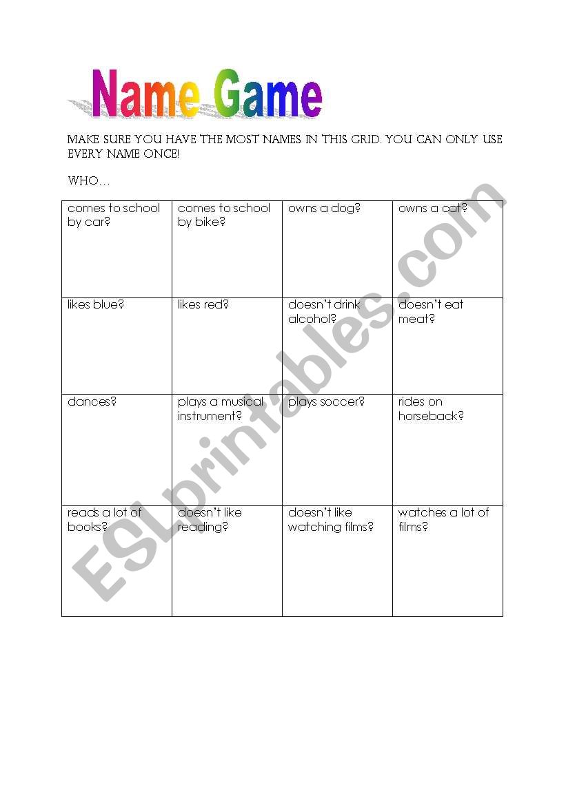 name game worksheet