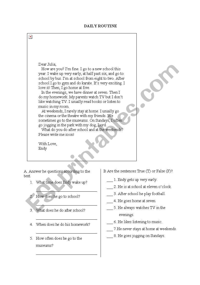 Daily Routine - Reading Text worksheet