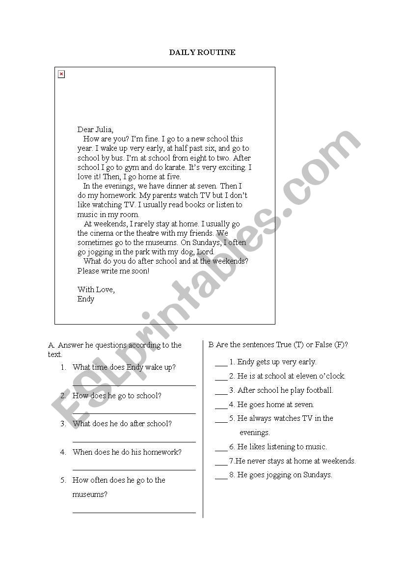Daily Routine - Reading Text worksheet