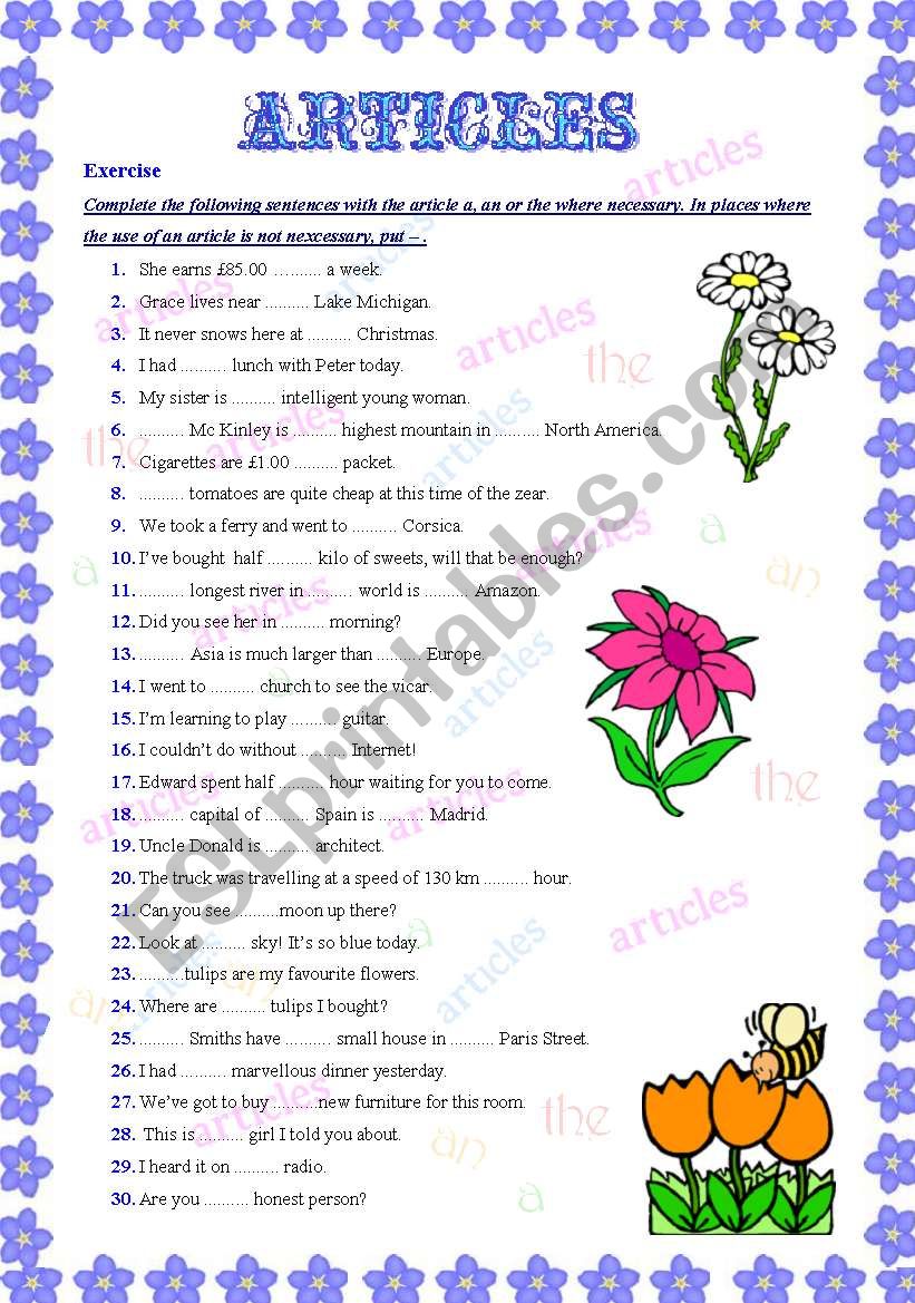 ARTICLES 50 VARIOUS SENTENCES ON ALL ARTICLES A AN THE O ARTICLE ESL Worksheet By