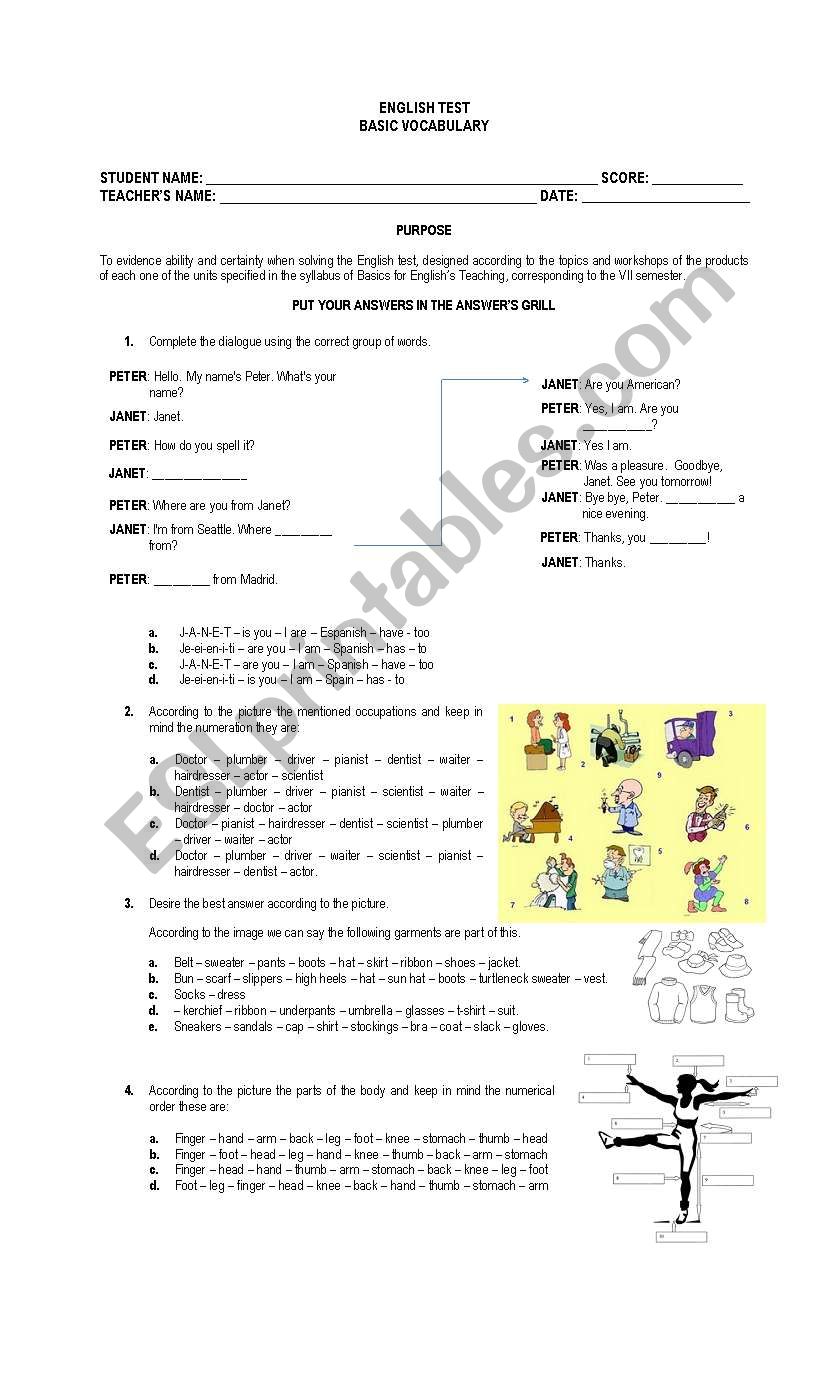 VOCABULARY TEST worksheet