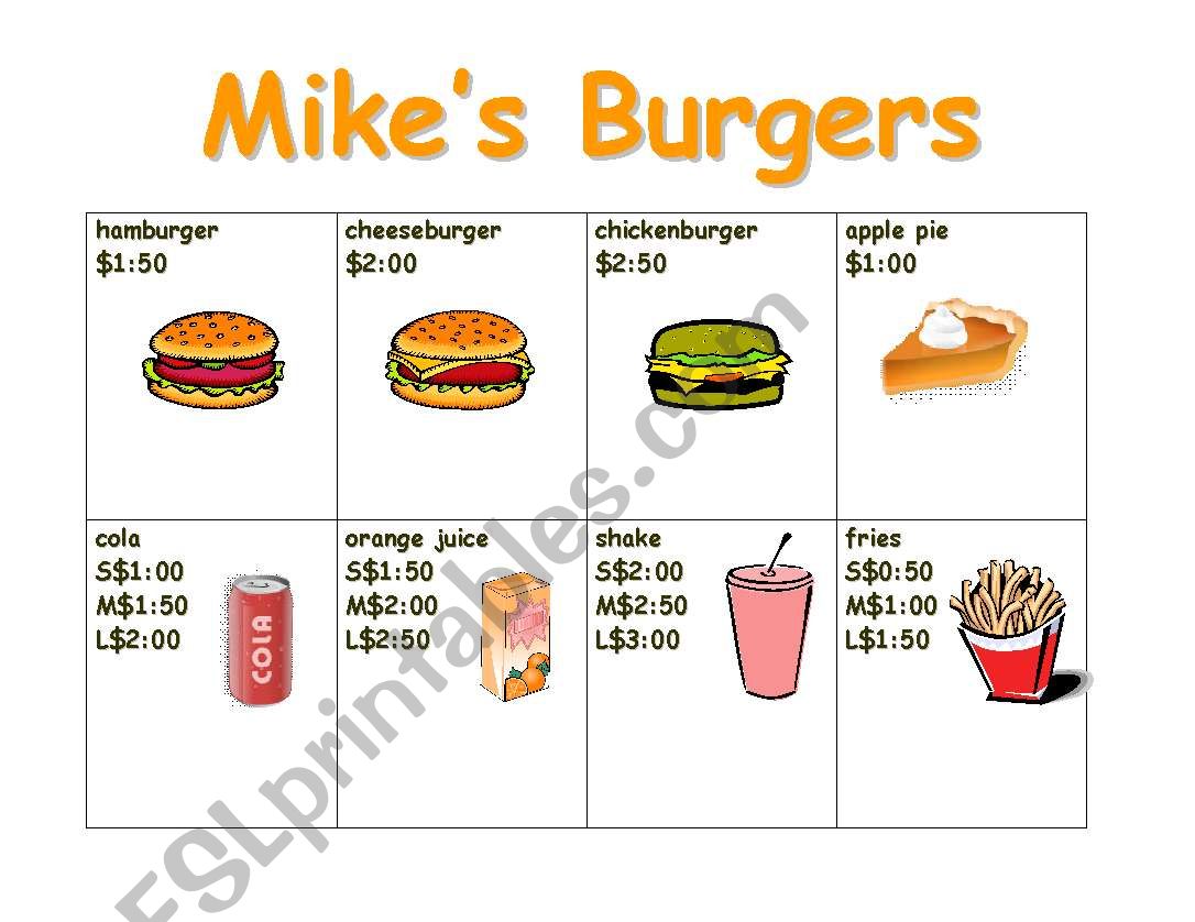 Burger Menu worksheet