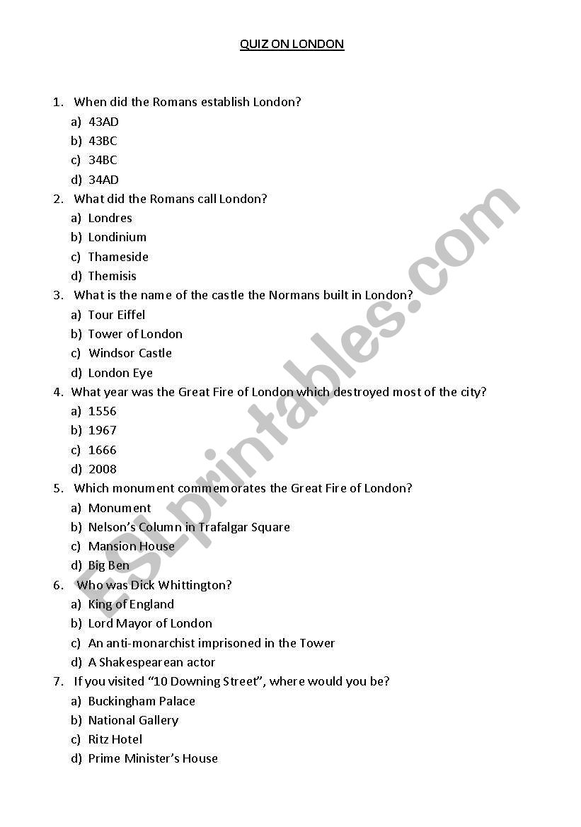 London quizz worksheet