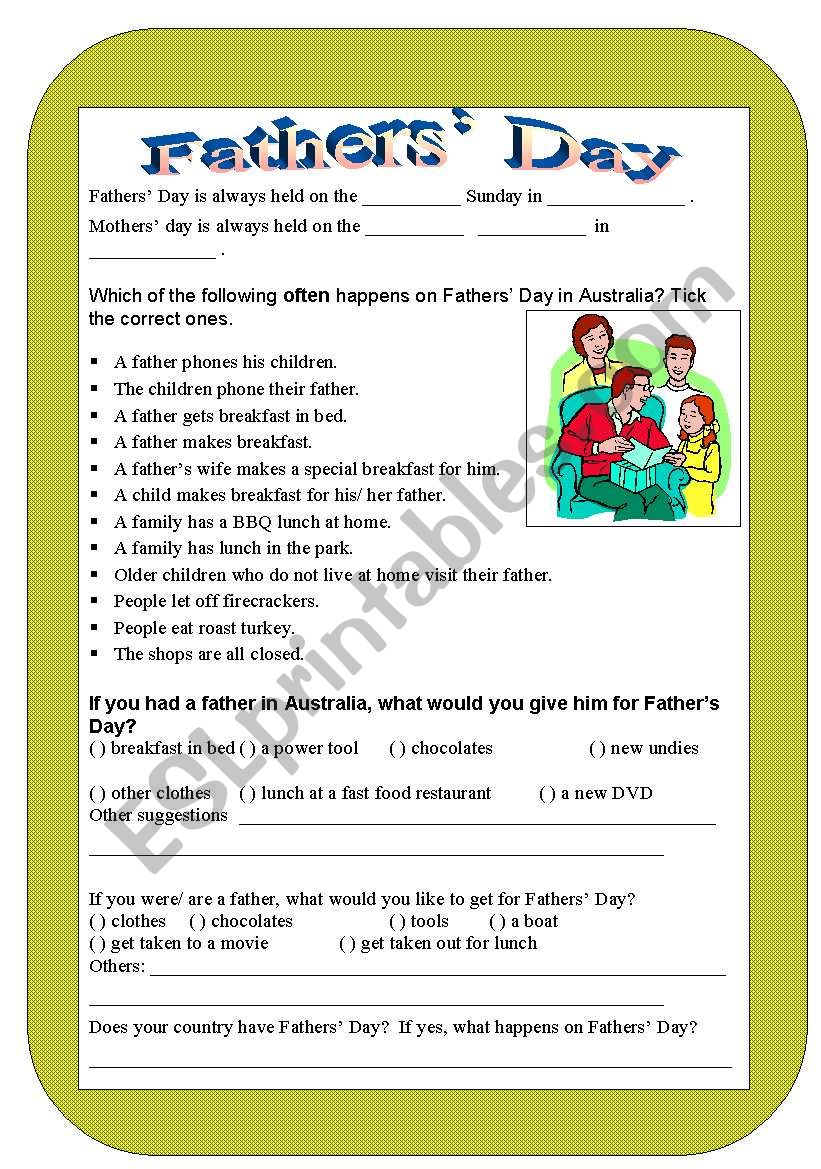 FathersÂ´ Day worksheet