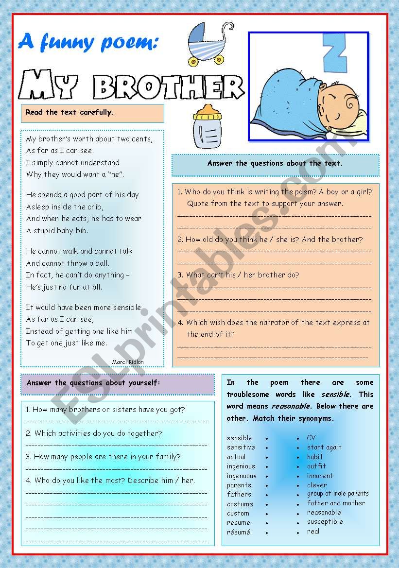 A funny poem: my brother - ESL worksheet by Zmarques