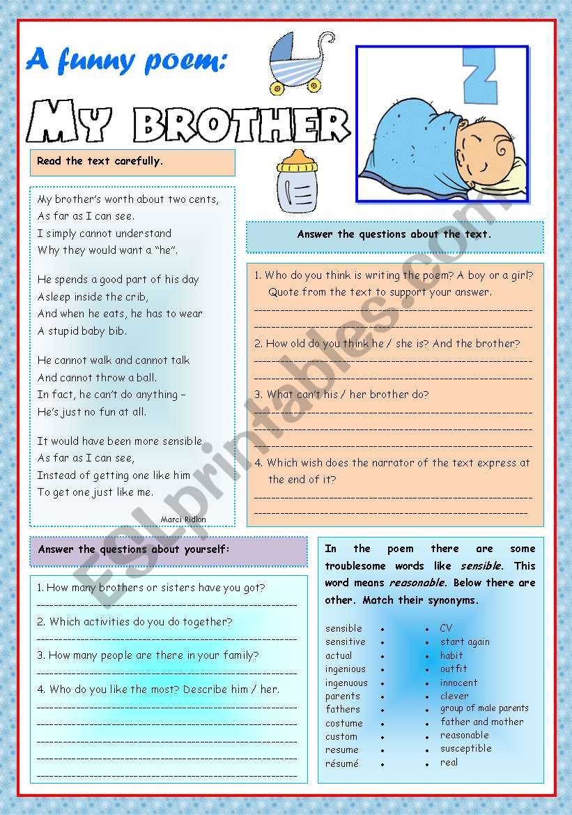 A funny poem: my brother worksheet