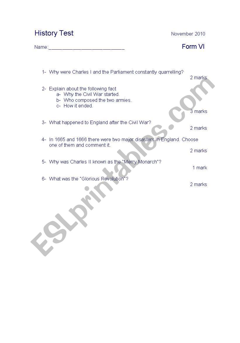 Civil War in England (Stuarts) History Test