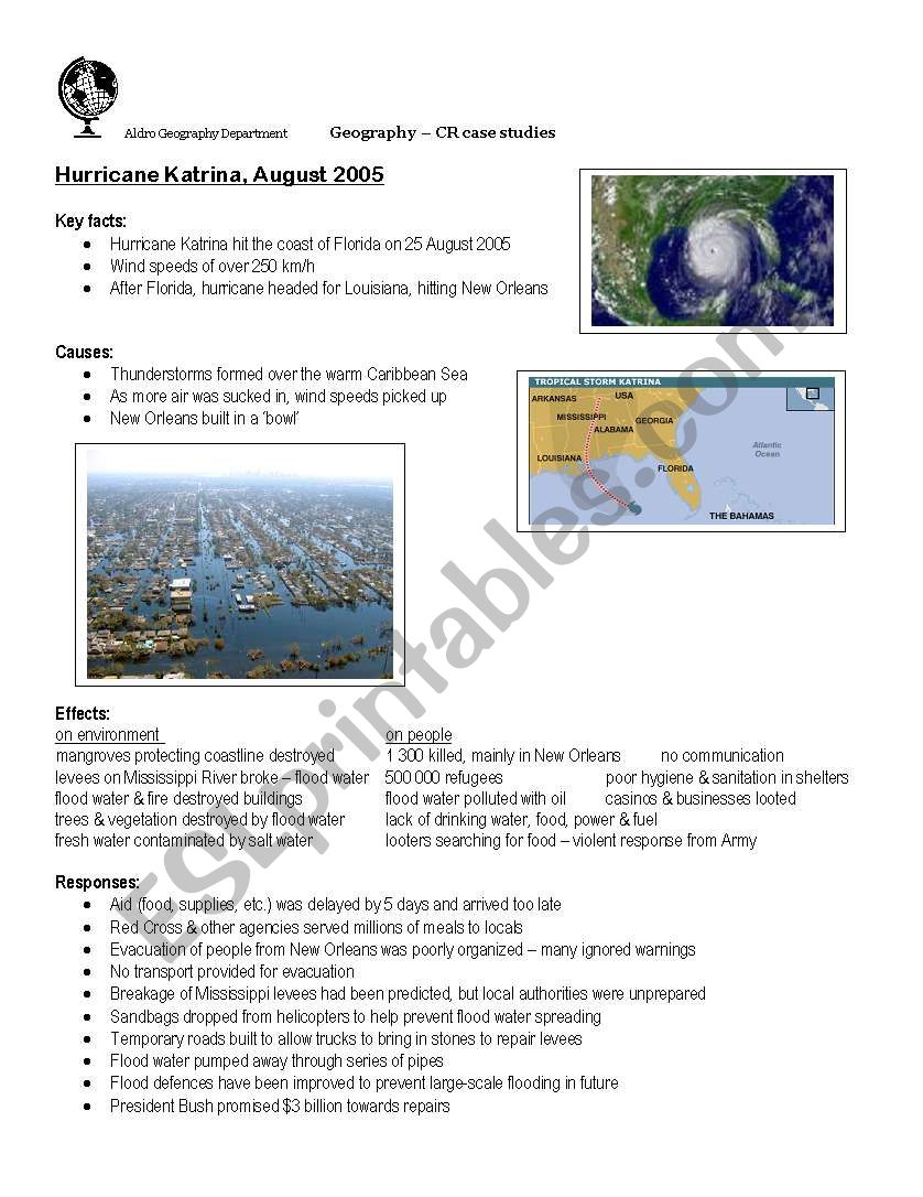 Hurricane Katrina worksheet