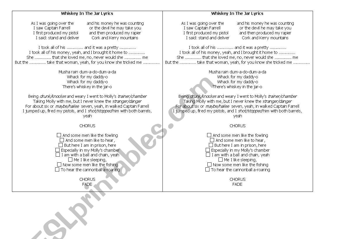 Whisky in the Jar - SONG worksheet