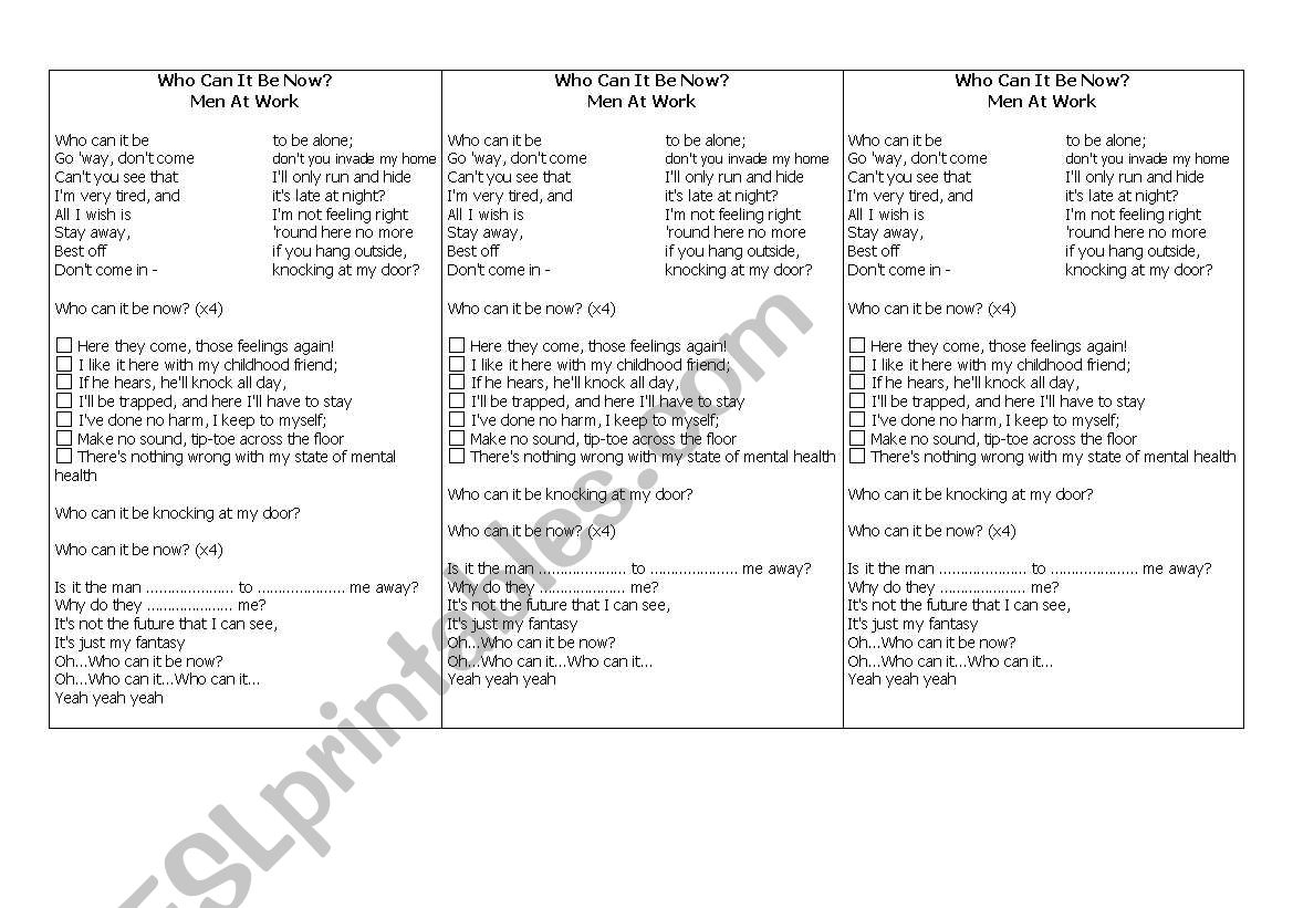 Who can it be now? - Song worksheet