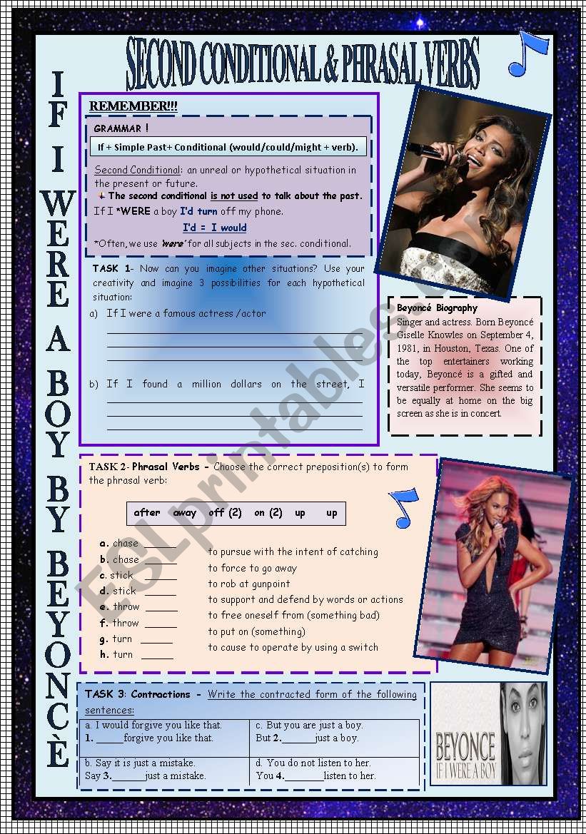 SECOND CONDITIONAL & CONTRACTED FORM & PHRASAL VERBS THROUGH BEYONC SONG + KEY INCLUDED!