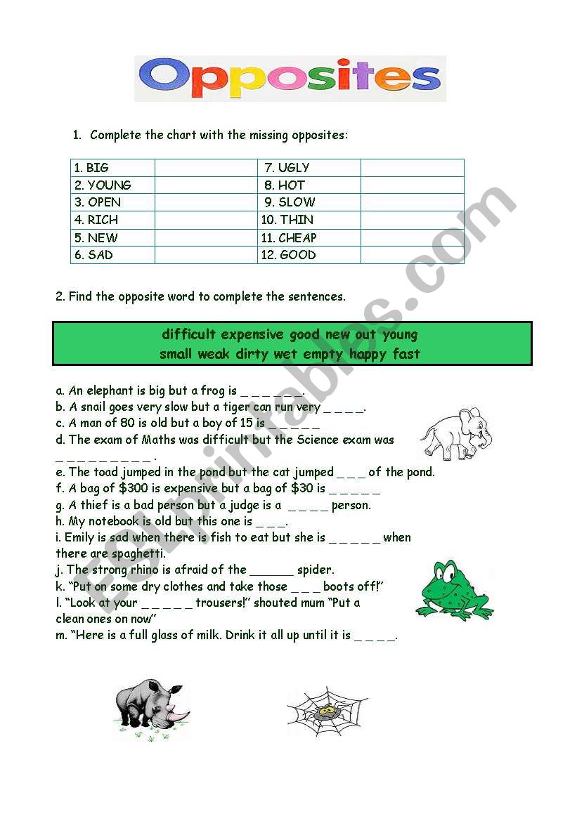 OPPOSITES worksheet