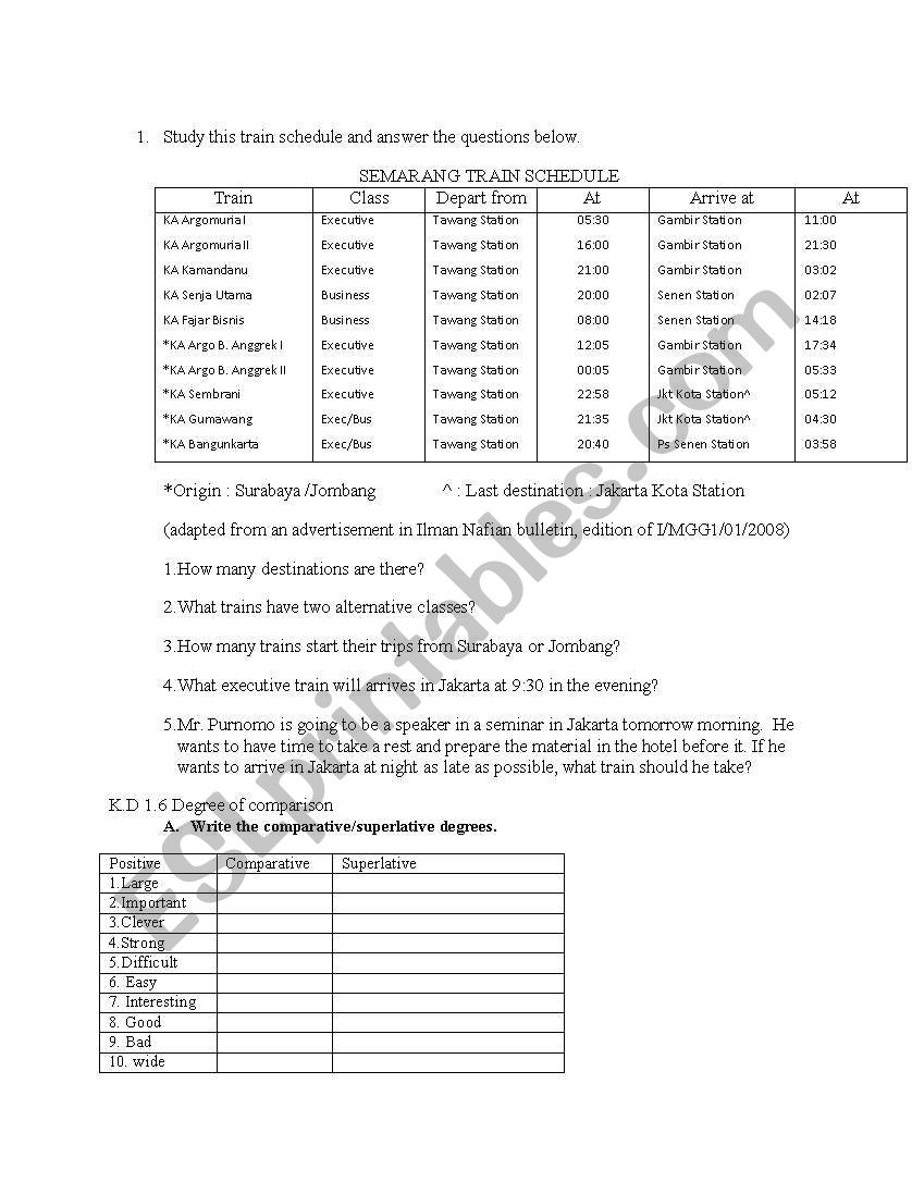 time tables and comparison worksheet