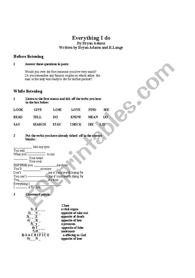 Everything I do - Bryam Adams worksheet